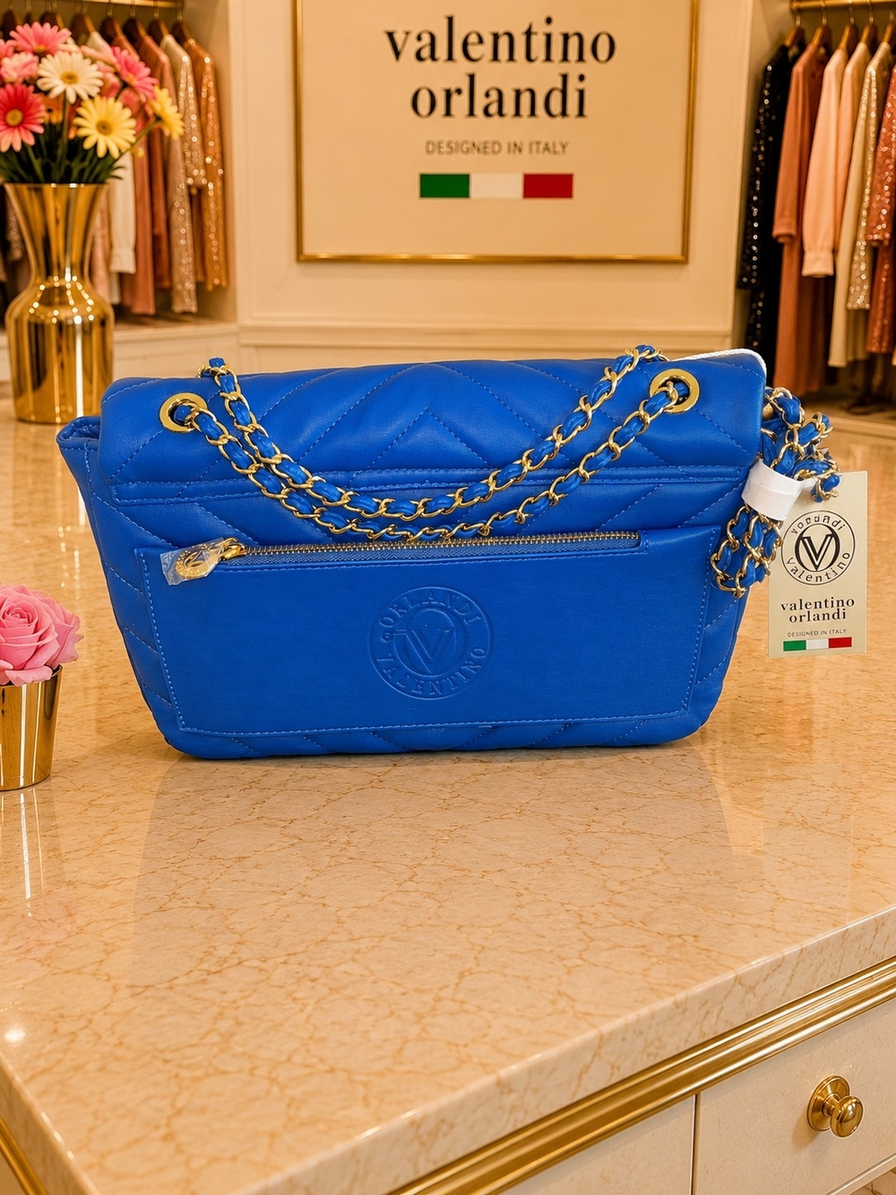Brand New - Valentino Orlandi Blue Quilted Gold Chain-Handle Shoulder Bag - Picture 3 of 5